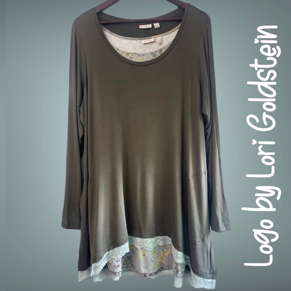 LOGO by Lori Goldstein Solid & Printed Twin
Set w/ Lace at Hem 1X